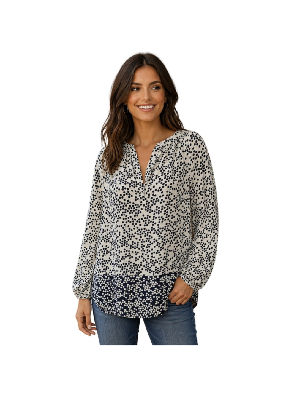 Boden lightweight sz 6 black white ombre dot tunic split neck top popover EUC